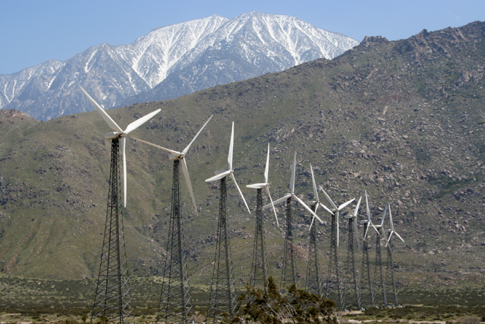 San Gorgonio Pass wind farm with snow-capped mountains, Beaumont California