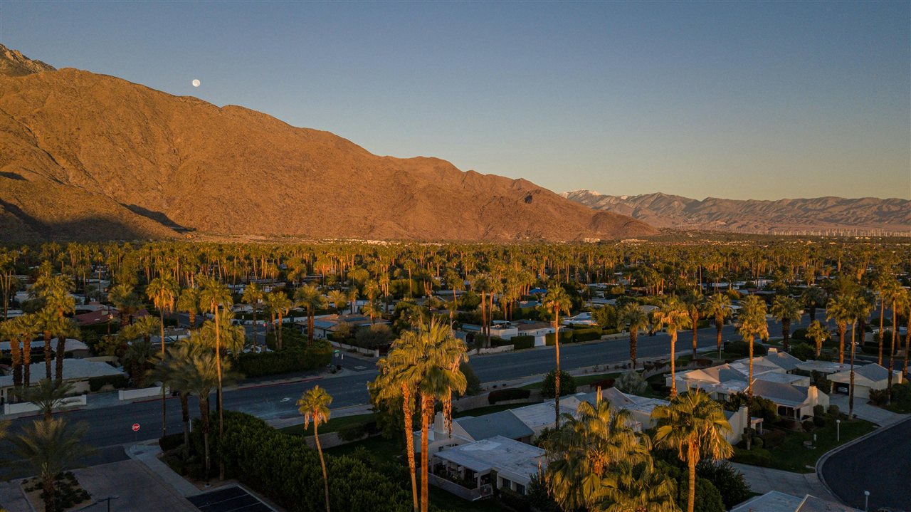 Palm tree-lined residential streets of Cathedral City with San Jacinto Mountains, Coachella Valley, California