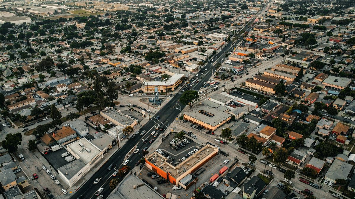 Aerial view of Chino neighborhood with residential streets and Inland Empire cityscape