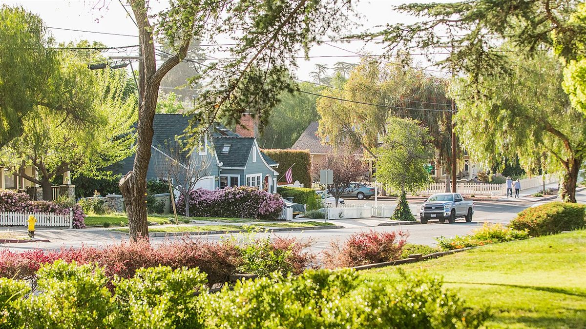 Tree-lined street in Escondido's Historic District with charming older homes and lush landscaping