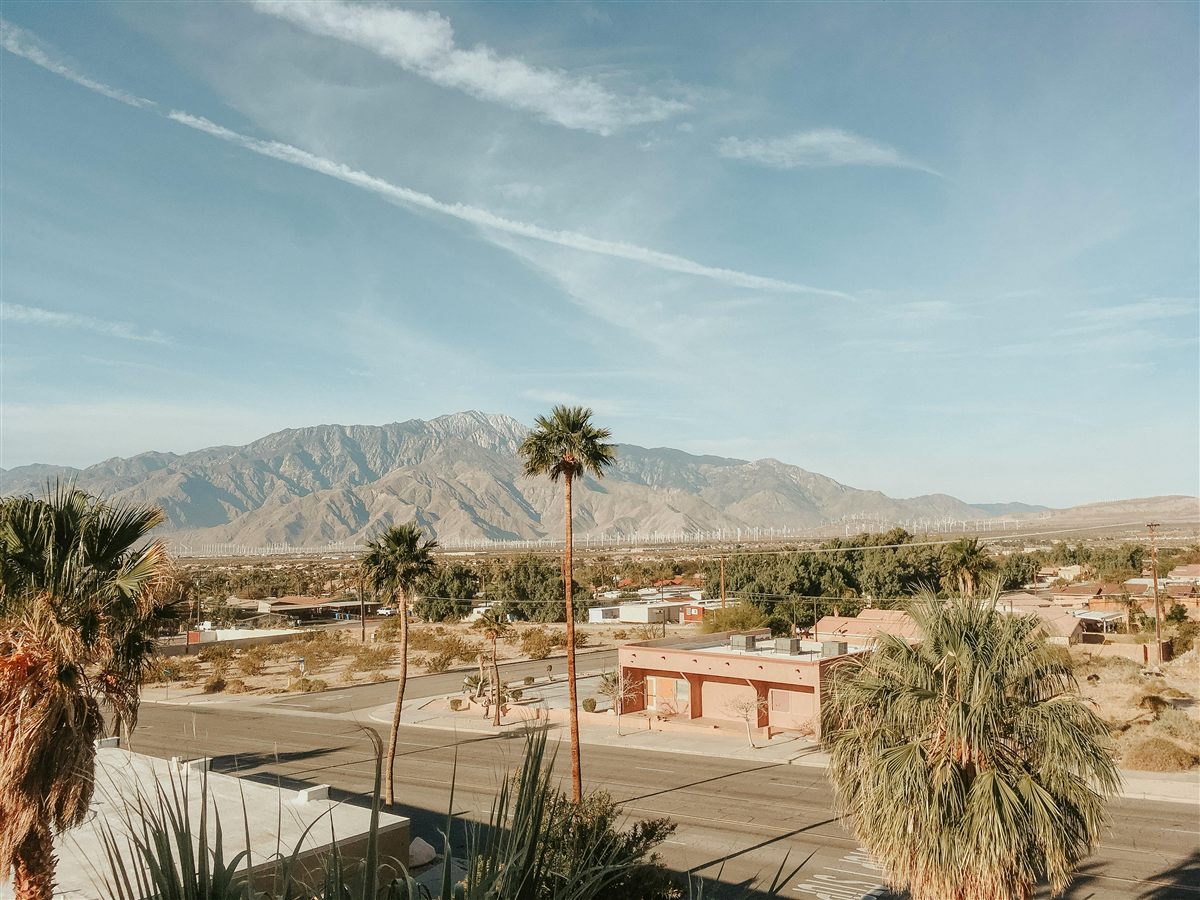 Desert neighborhood in Indio with palm trees and mountain backdrop in the Coachella Valley