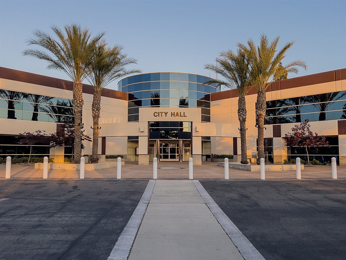 Moreno Valley City Hall with palm trees at sunset, Riverside County, California