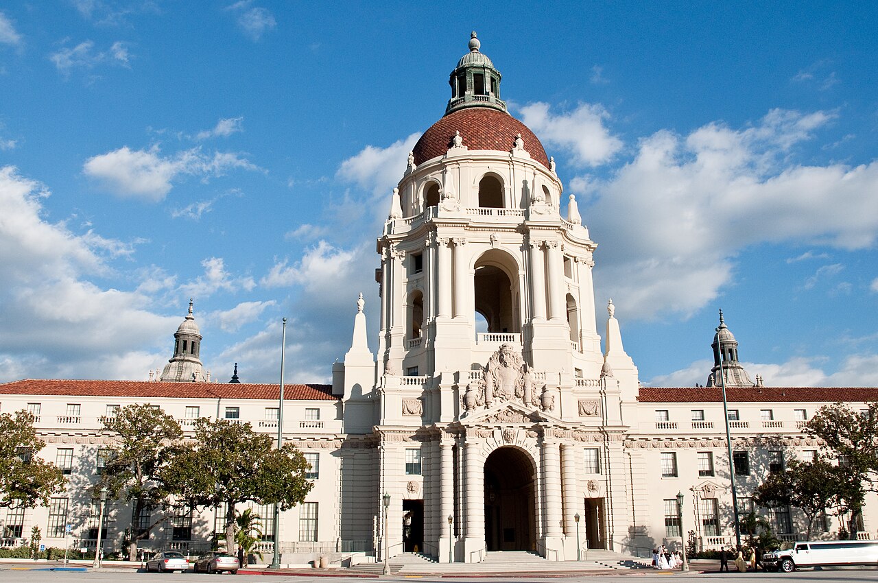 Pasadena City Hall exterior, Spanish Colonial Revival architecture, Pasadena California