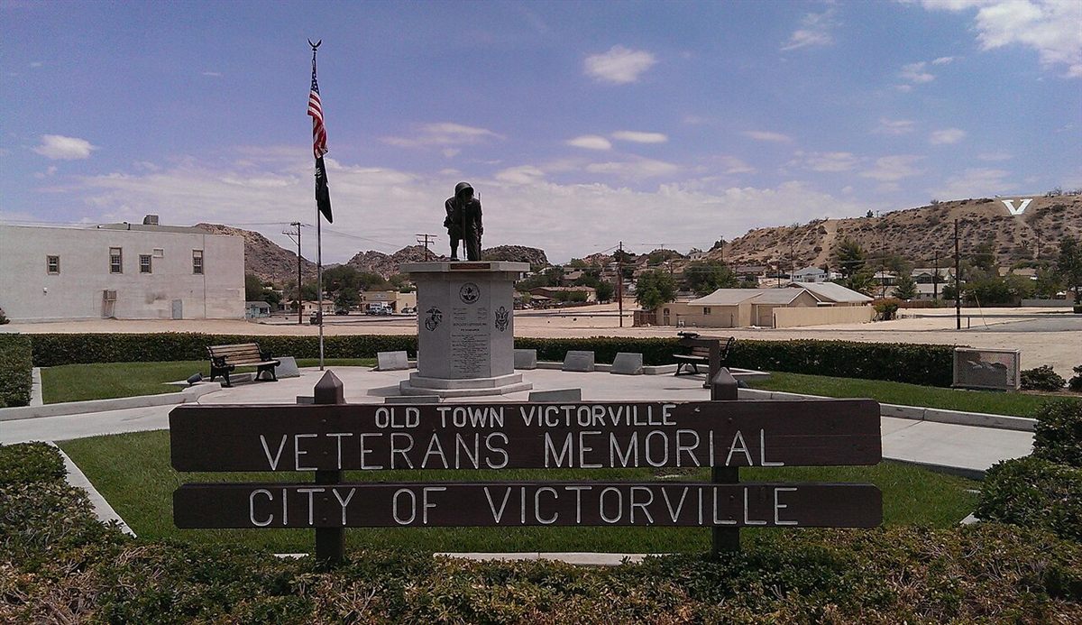 Old Town Victorville Veterans Memorial with the V hillside landmark in the background